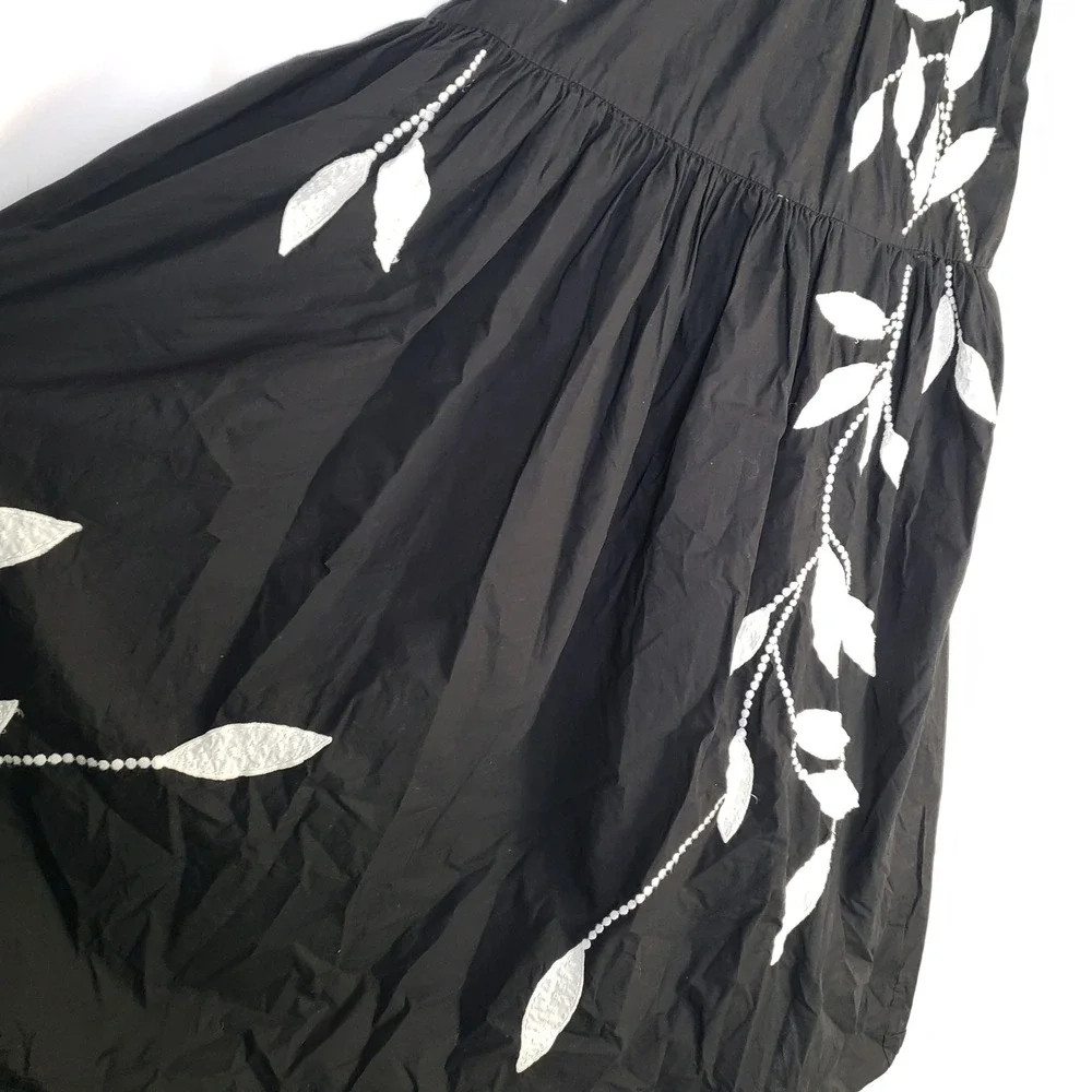 Anthropologie sz S Short Sleeve Black White Embroidered Leaf Midi Dress Smocked - Picture 3 of 8